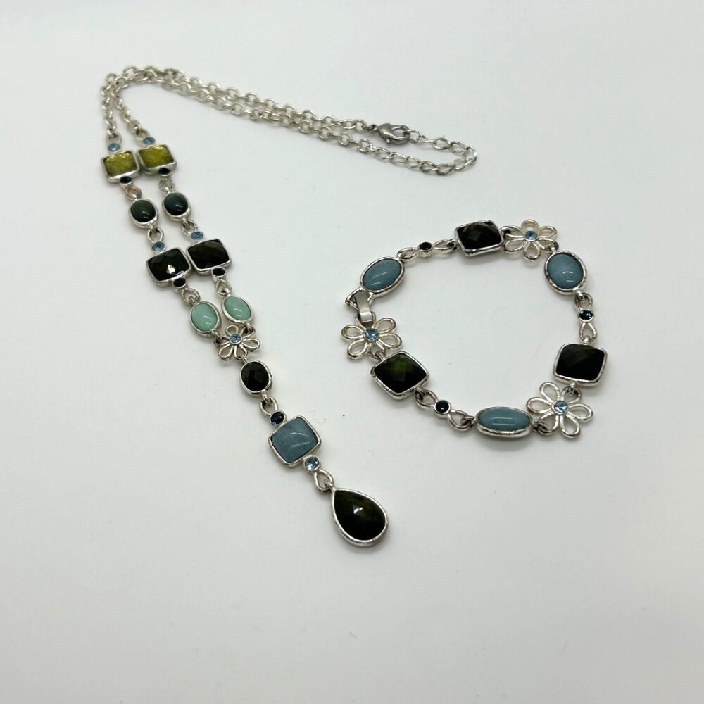 Multi Color Link Chocker Necklace & Bracelet Set Silver Setting With Multi Color - Picture 1 of 16